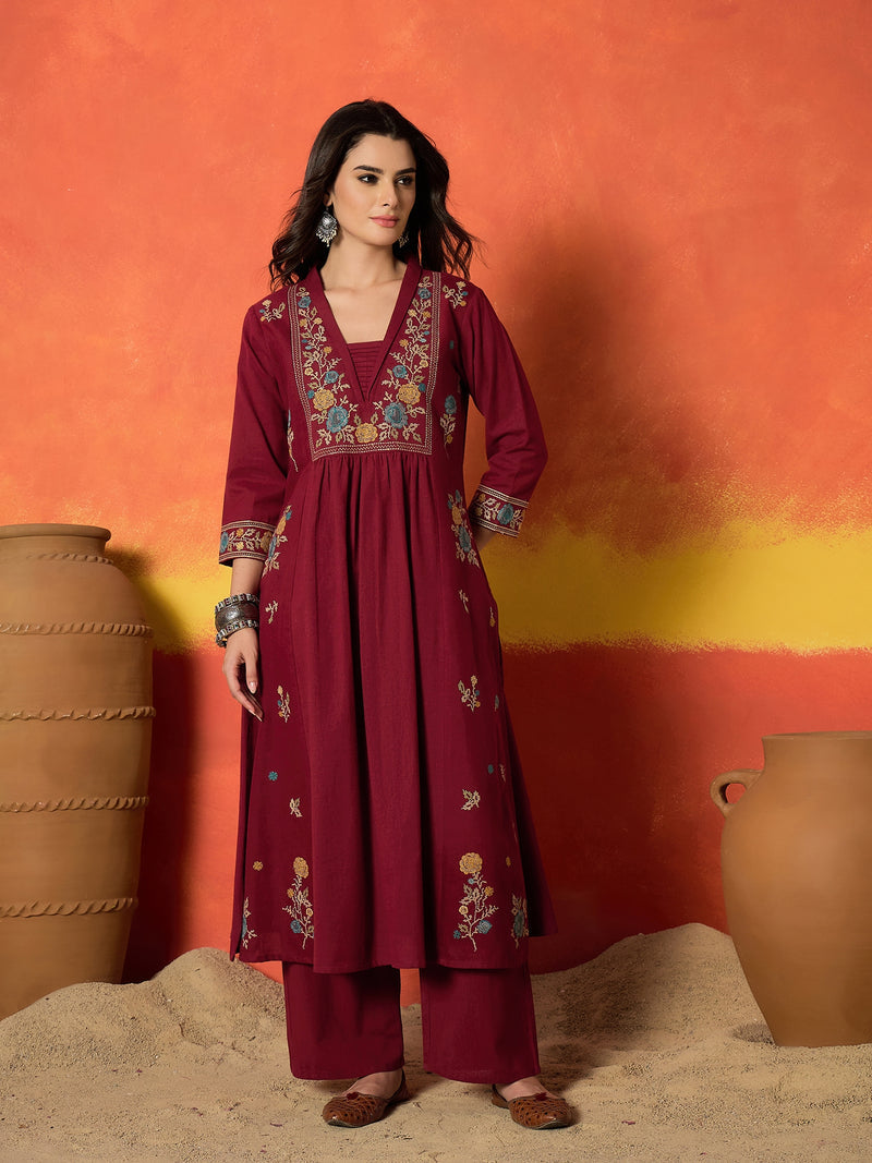 Stylum Women's Solid & Embroidered Cotton Flex A-Line Kurta Palazzo Set