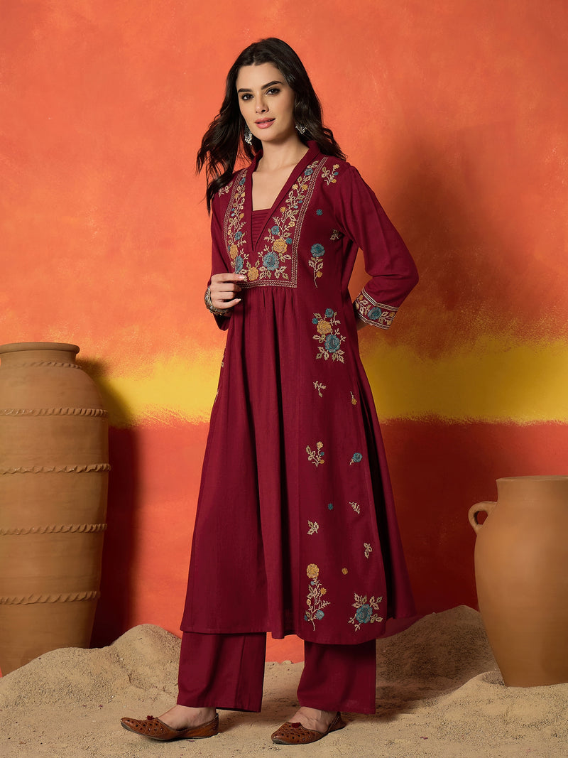 Stylum Women's Solid & Embroidered Cotton Flex A-Line Kurta Palazzo Set