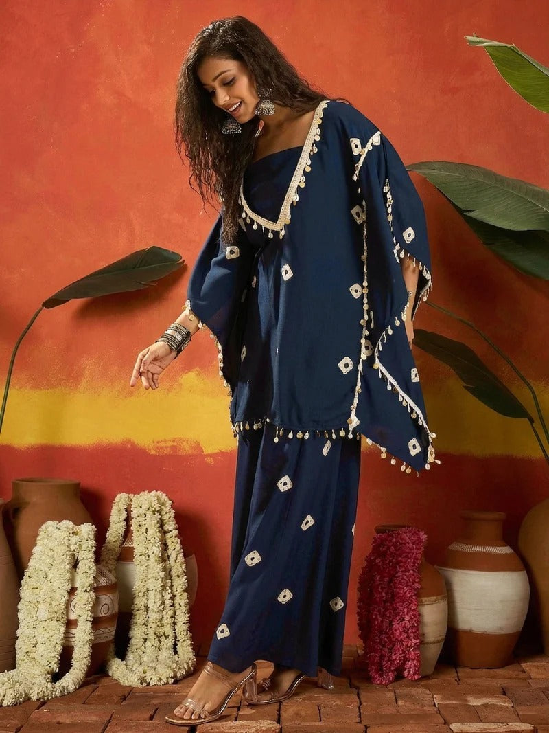 Stylum Women's Bandhej Printed Rayon Kaftan Tube Top Sharara Set