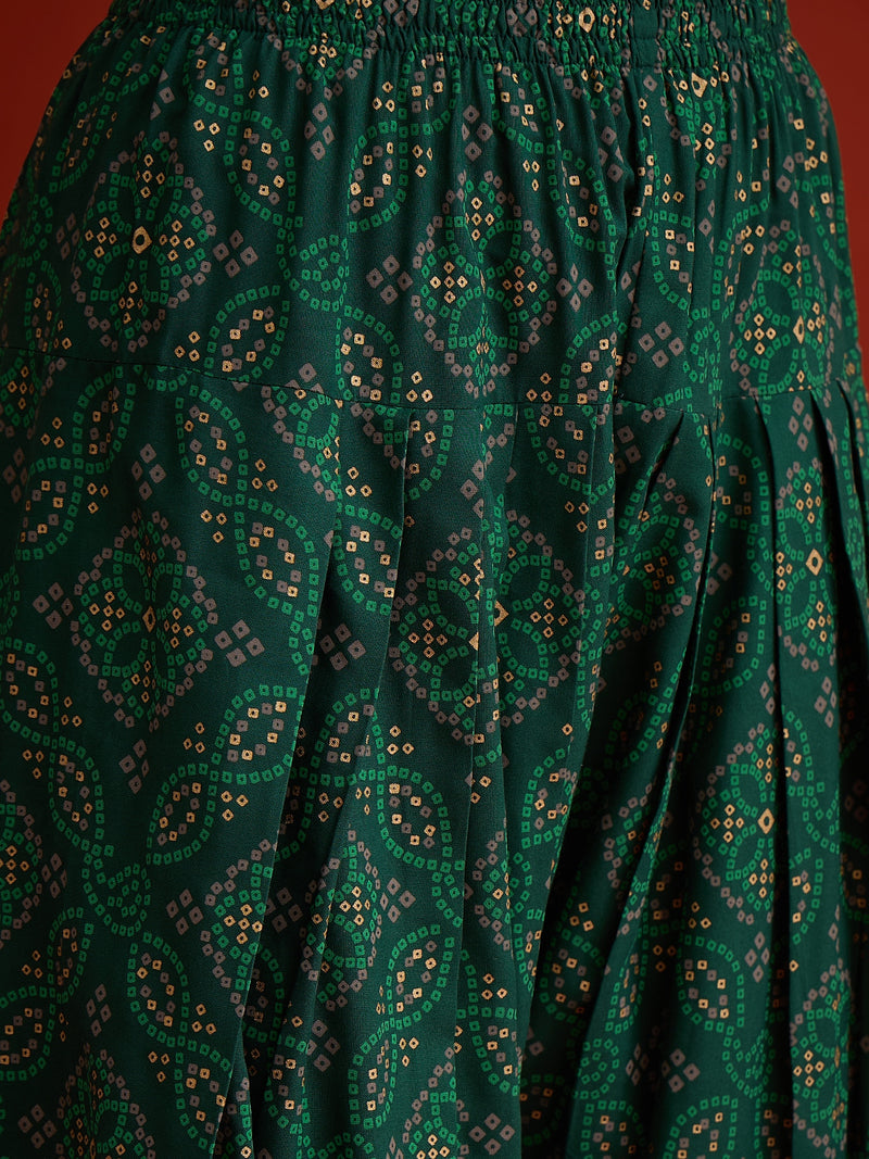 Stylum Women's Green Bandhej Printed & Embroidered Rayon Straight Short Kurti Farshi Salwar Dupatta Set