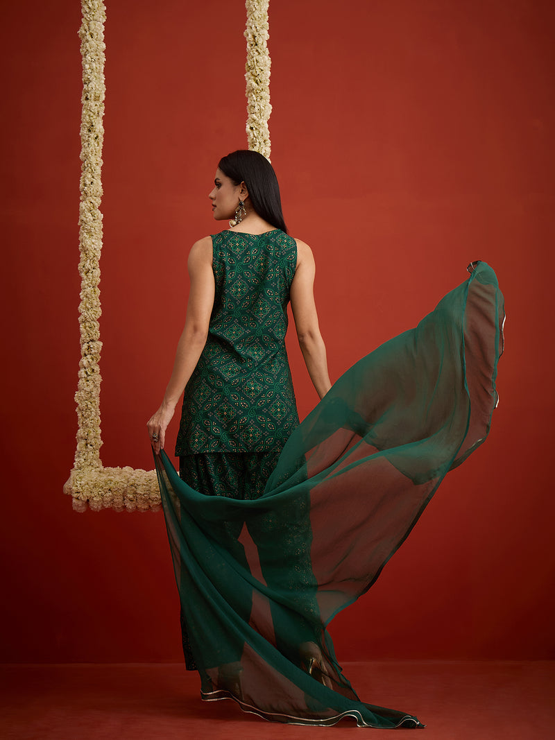 Stylum Women's Green Bandhej Printed & Embroidered Rayon Straight Short Kurti Farshi Salwar Dupatta Set