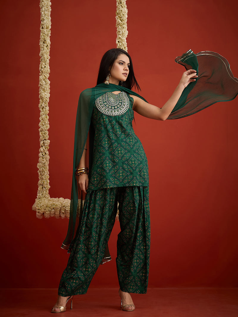 Stylum Women's Green Bandhej Printed & Embroidered Rayon Straight Short Kurti Farshi Salwar Dupatta Set