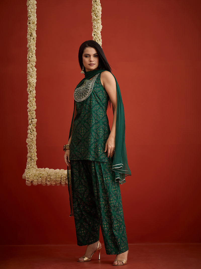 Stylum Women's Green Bandhej Printed & Embroidered Rayon Straight Short Kurti Farshi Salwar Dupatta Set