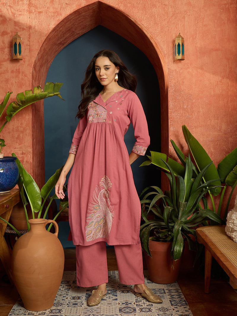 Stylum Women's Solid & Embroidered Cotton Flex A-Line Kurta Pant Set