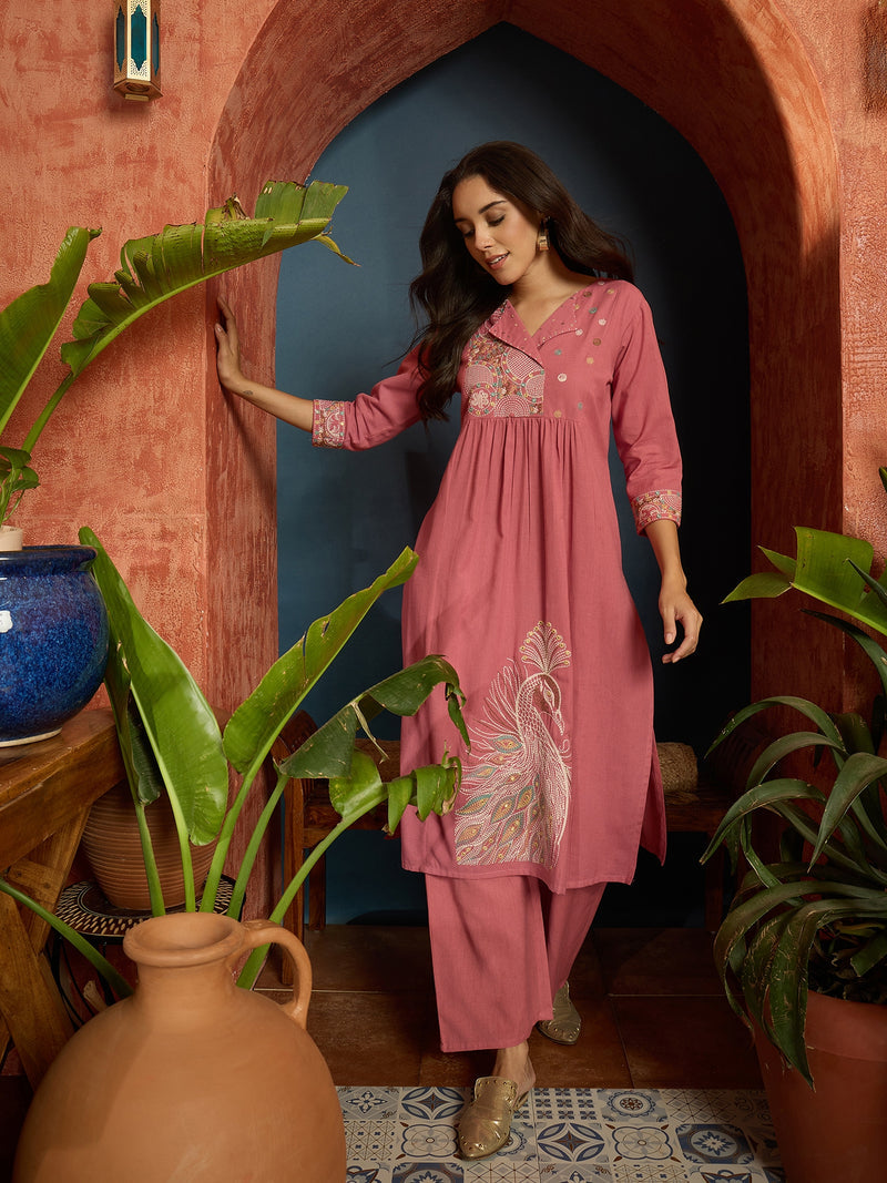 Stylum Women's Solid & Embroidered Cotton Flex A-Line Kurta Pant Set