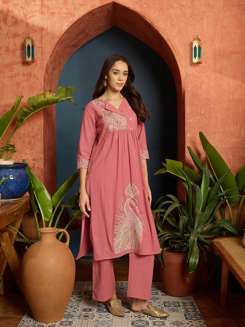 Stylum Women's Solid & Embroidered Cotton Flex A-Line Kurta Pant Set