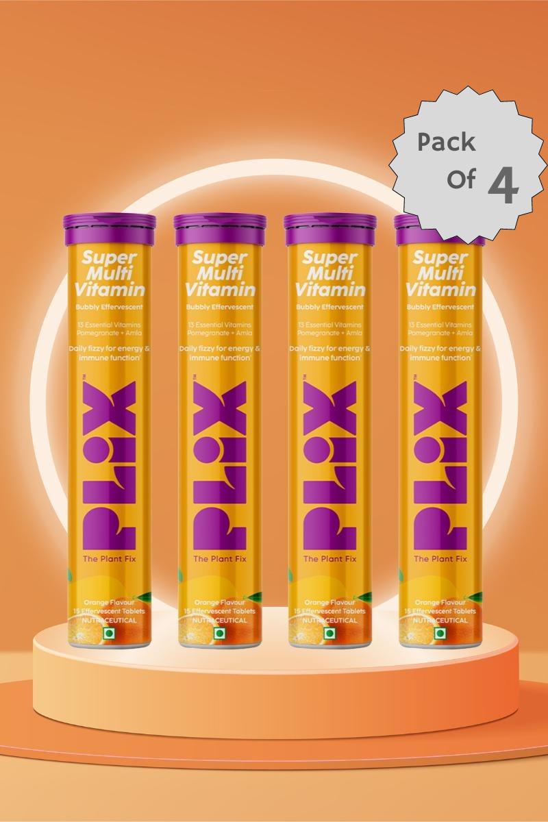 Plix Multivitamin 15 Effervescent Tablets (Orange, Pack of 4)