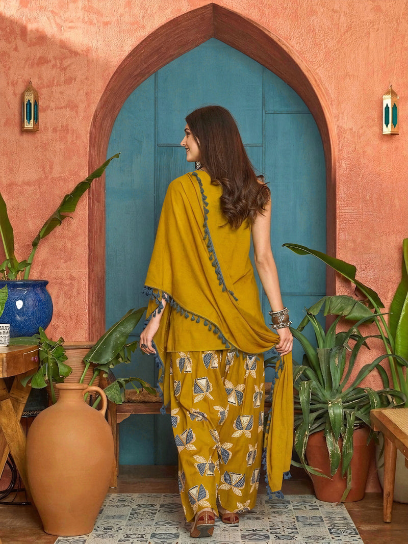 Stylum Women's Corn Solid Cotton Straight Kurti Farshi Salwar Dupatta Set
