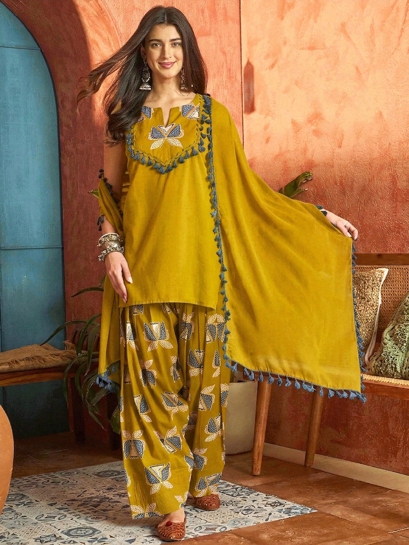 Stylum Women's Corn Solid Cotton Straight Kurti Farshi Salwar Dupatta Set