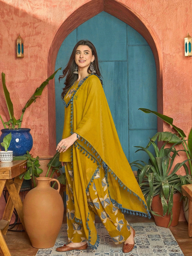 Stylum Women's Corn Solid Cotton Straight Kurti Farshi Salwar Dupatta Set