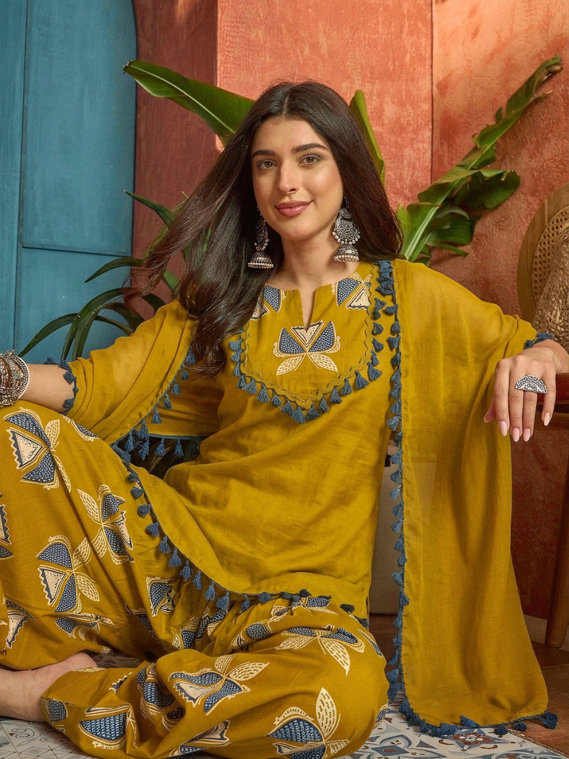 Stylum Women's Corn Solid Cotton Straight Kurti Farshi Salwar Dupatta Set