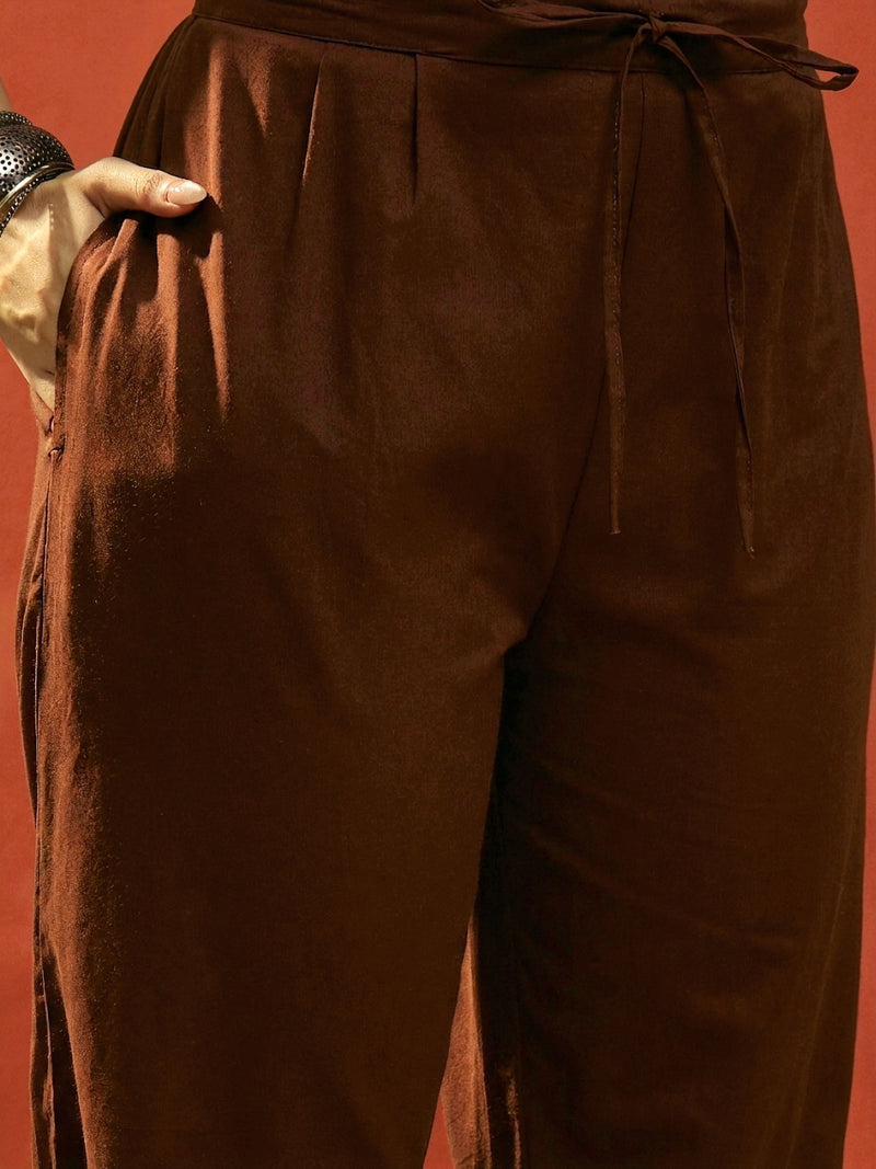 Stylum Women's Brown Solid & Embroidered Cotton A-Line Kurta Pant Dupatta Set