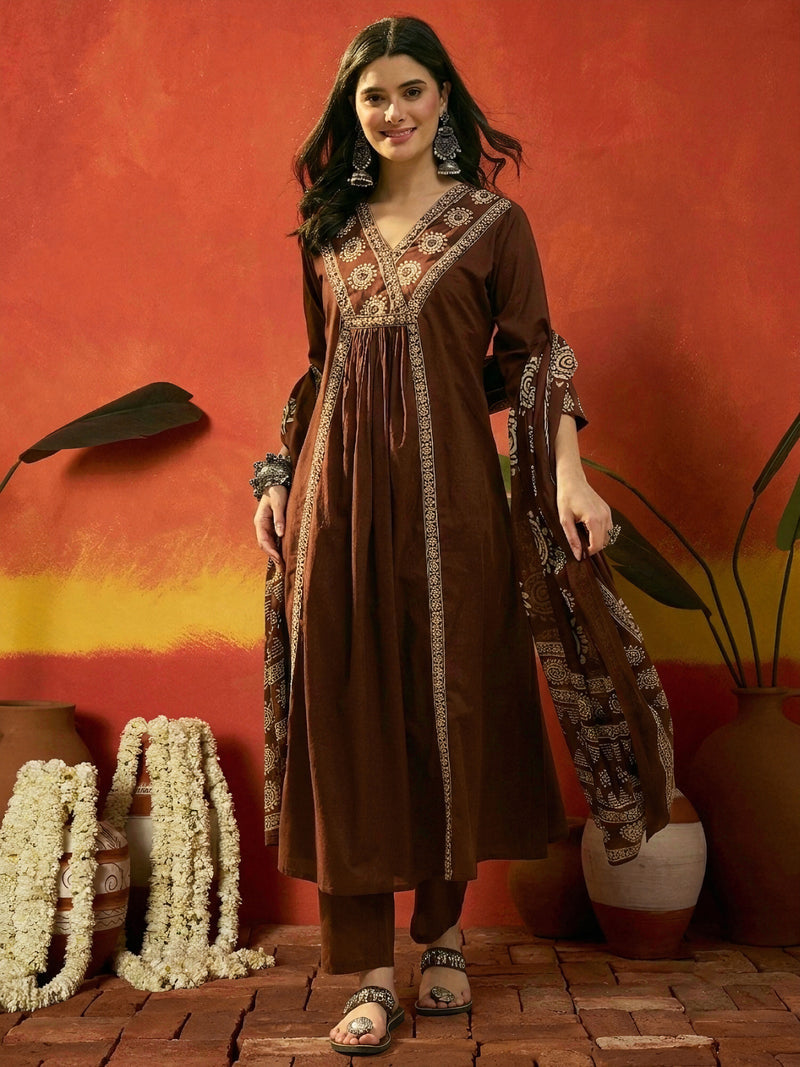 Stylum Women's Brown Solid & Embroidered Cotton A-Line Kurta Pant Dupatta Set