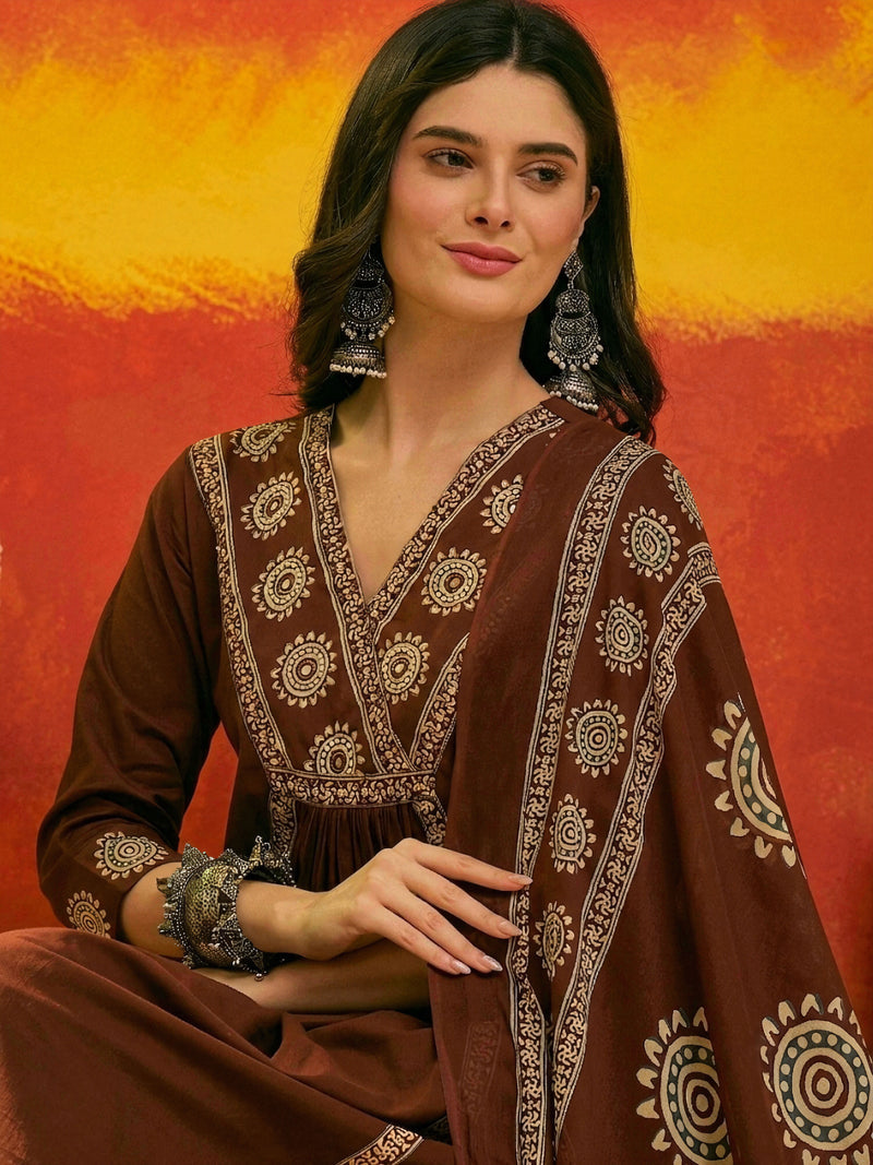 Stylum Women's Brown Solid & Embroidered Cotton A-Line Kurta Pant Dupatta Set