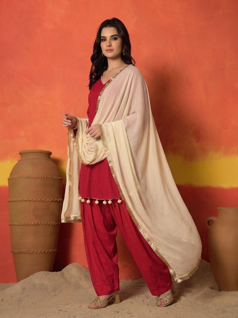 Stylum Women's Chikankari Rayon A-Line Kurti Farshi Salwar With Dupatta Set