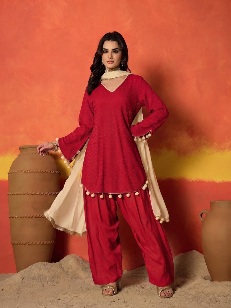 Stylum Women's Chikankari Rayon A-Line Kurti Farshi Salwar With Dupatta Set