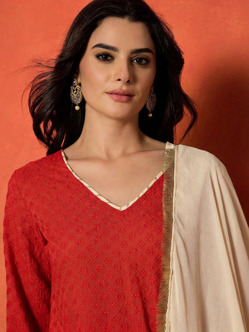 Stylum Women's Chikankari Rayon A-Line Kurti Farshi Salwar With Dupatta Set
