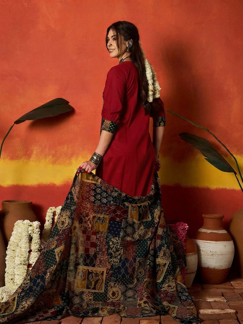 Stylum Women's Red Solid Cotton Straight Kurta Pant Dupatta Set
