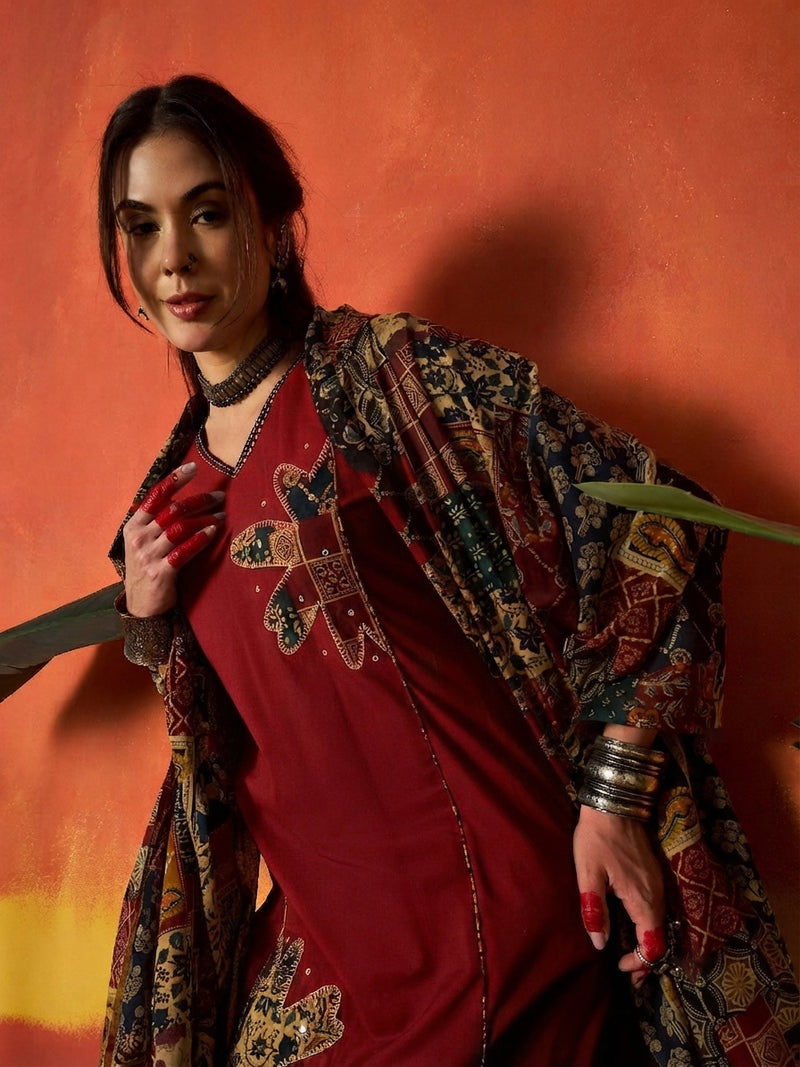 Stylum Women's Red Solid Cotton Straight Kurta Pant Dupatta Set
