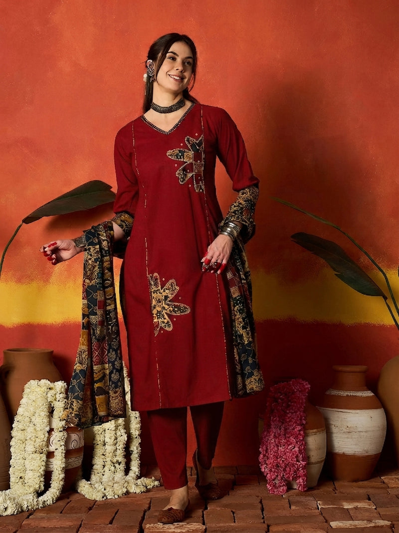 Stylum Women's Red Solid Cotton Straight Kurta Pant Dupatta Set