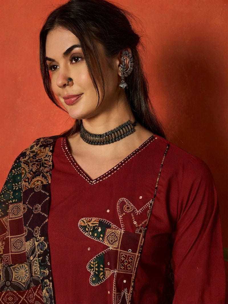 Stylum Women's Red Solid Cotton Straight Kurta Pant Dupatta Set