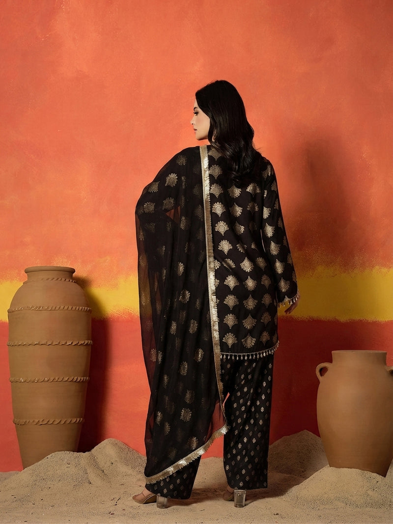 Stylum Women's Gold Printed Rayon A-Line Kurti Farshi Salwar With Dupatta