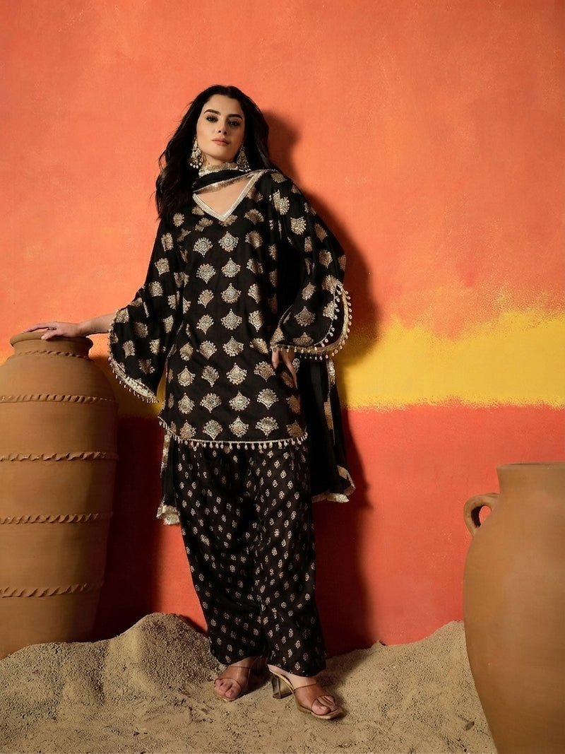 Stylum Women's Gold Printed Rayon A-Line Kurti Farshi Salwar With Dupatta
