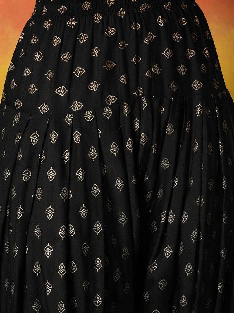 Stylum Women's Gold Printed Rayon A-Line Kurti Farshi Salwar With Dupatta