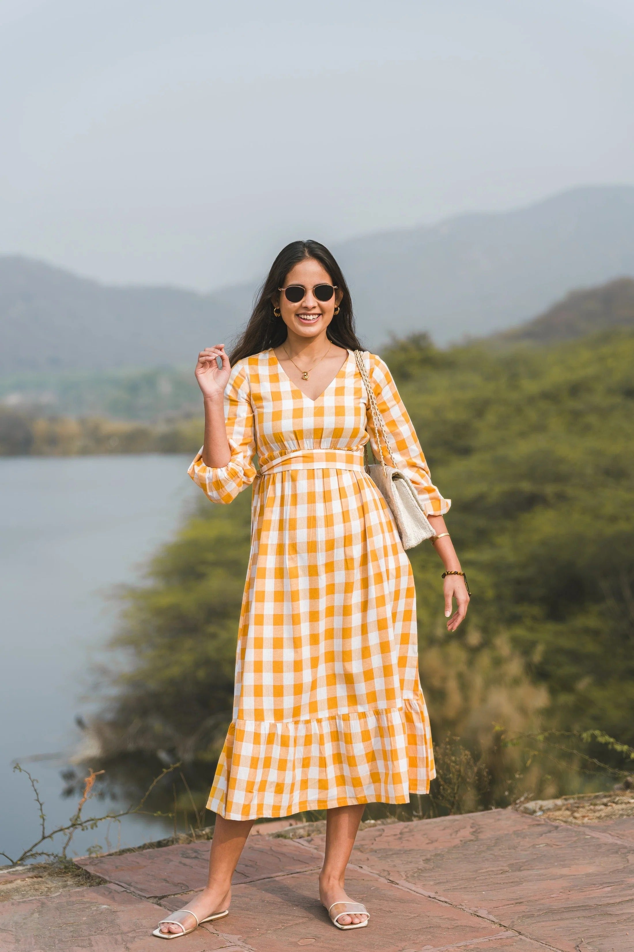 Sugnaa Classic Balloon Sleeve Gingham Full Dress - Orange