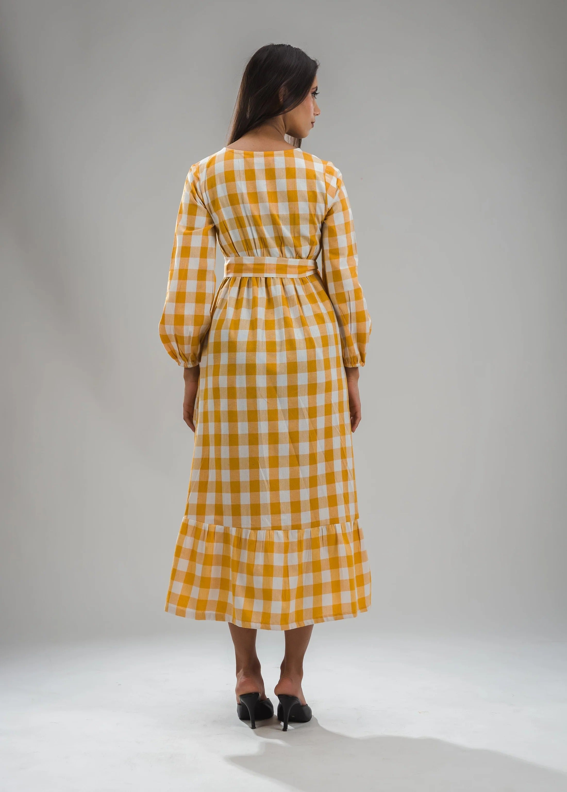 Sugnaa Classic Balloon Sleeve Gingham Full Dress - Orange