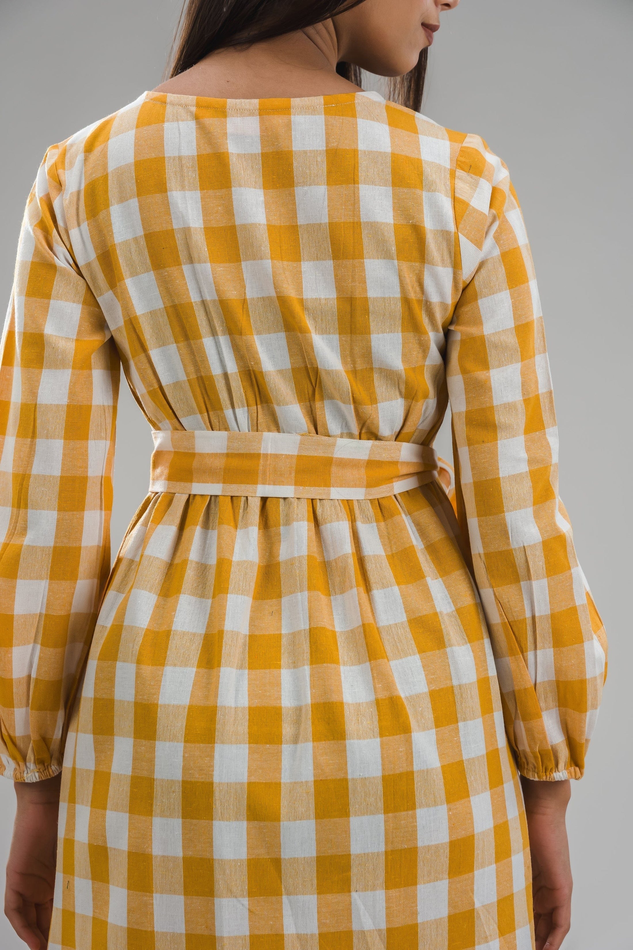 Sugnaa Classic Balloon Sleeve Gingham Full Dress - Orange