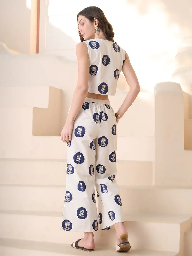 Stylum Women's Blue Cotton Flex Botanical Printed Co-Ord Set