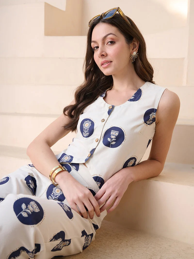 Stylum Women's Blue Cotton Flex Botanical Printed Co-Ord Set