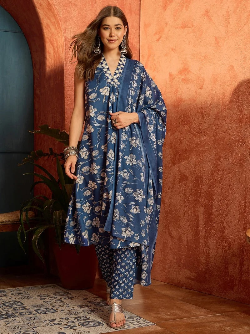 Stylum Women's Floral Printed Cotton A-Line Kurta Pant Dupatta Set