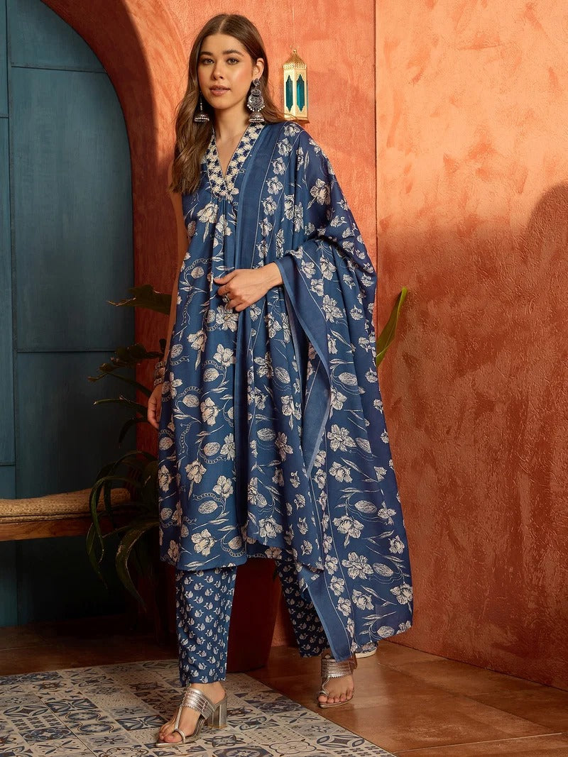 Stylum Women's Floral Printed Cotton A-Line Kurta Pant Dupatta Set