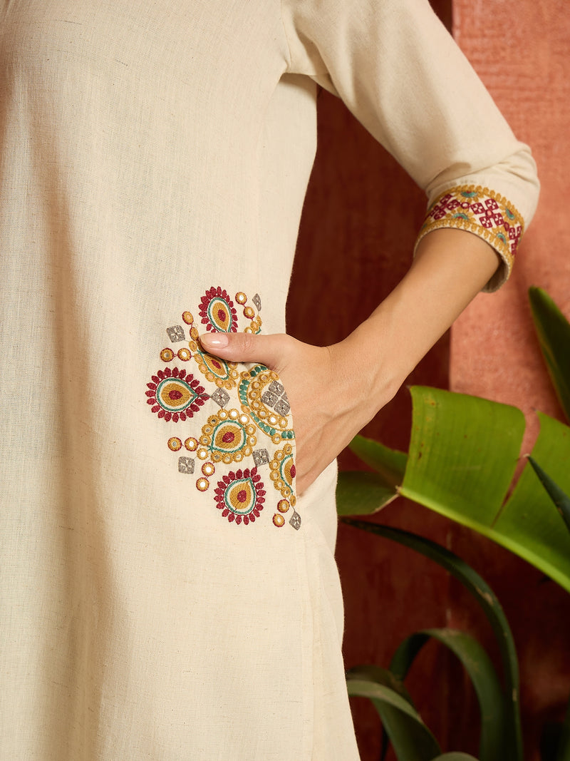 Stylum Women's Solid & Embroidered Cotton Flex A-Line Kurta Pant Set