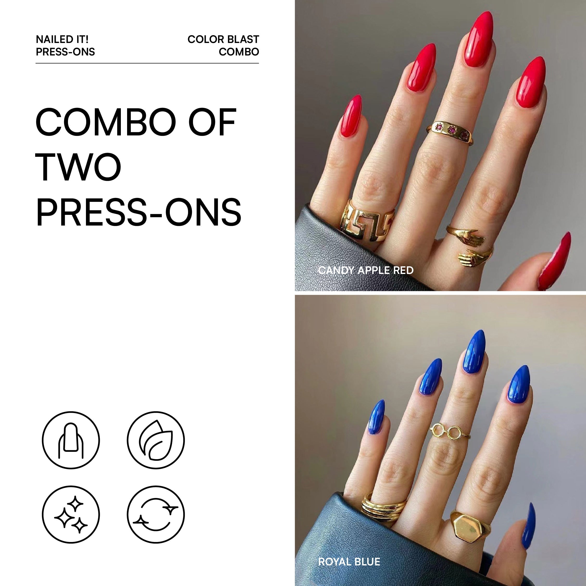 Gush Beauty Press On Nails Combo - Candy Apple Red + Royal Blue
