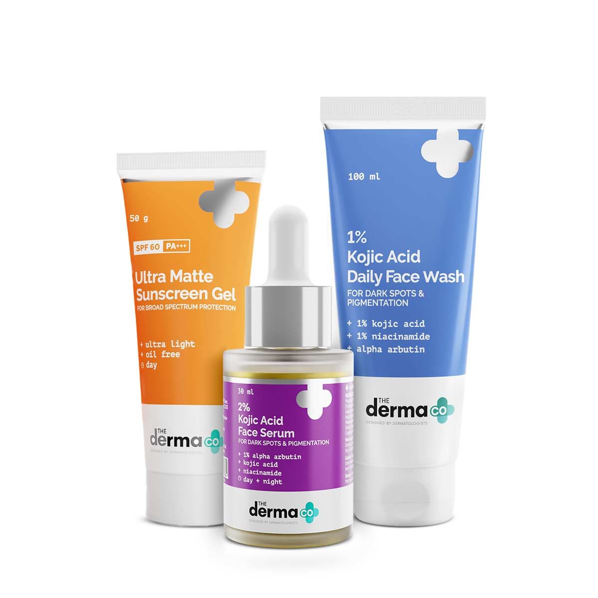 Derma Co Pigmentation & Dark Spot Corrector Kit (1% Kojic Acid Face Wash + 2% Kojic Acid Face Serum + Ultra Matte Sunscreen Gel)